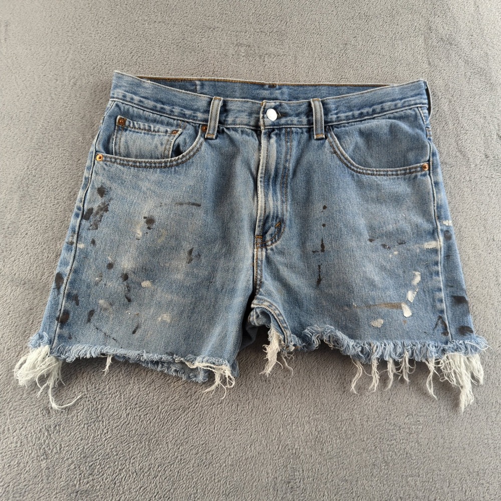 Levis 516 Jean Shorts Mens 34 Blue Light Wash Cut Off Frayed Distressed Denim‎